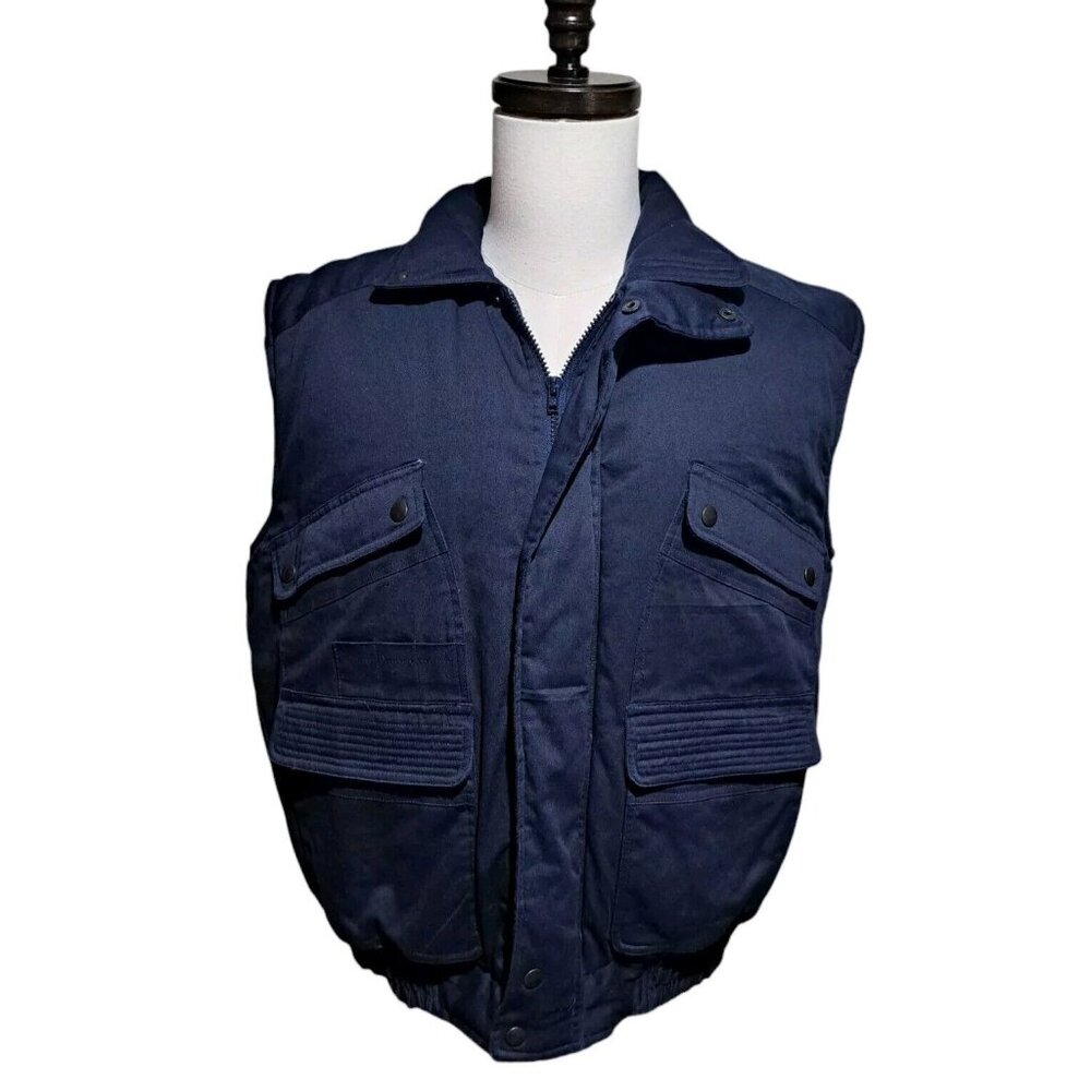 Expeditions Navy Blue Puffer Vest 4 Cargo Pockets Tartan Plaid Lined SZ Large